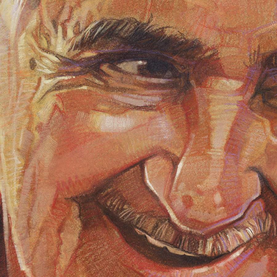 Detalhe dos olhos de um senhor sorrindo, com as rugas construídas em traços claros.
