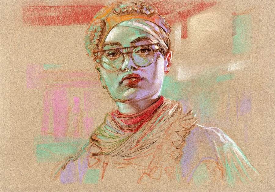 Estudo de sketchbook: retrato feminino em pastel colorido sobre papel tonalizado.