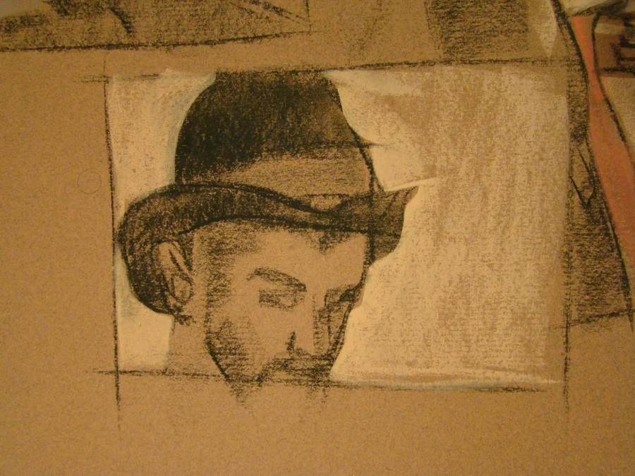 Estudo de sketchbook: retrato masculino em pastel sobre papel bege, preso a uma prancheta.