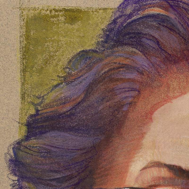 Retrato de senhora de óculos sobre papel Marrakech Avelã, em técnica mista.
