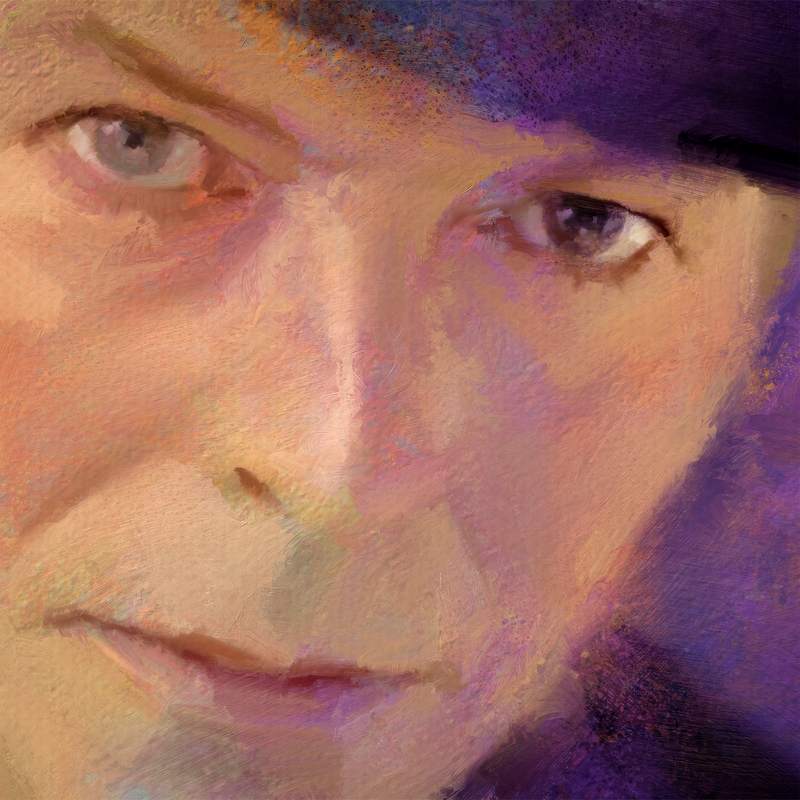 Retrato digital de David Bowie, pintado com pinceladas que simulam pastel e óleo.