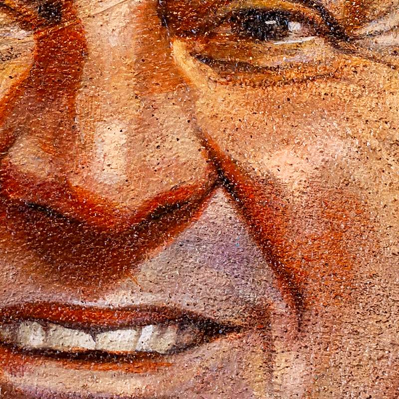 Retrato masculino pintado a óleo sobre o tecido de um encosto de cadeira.